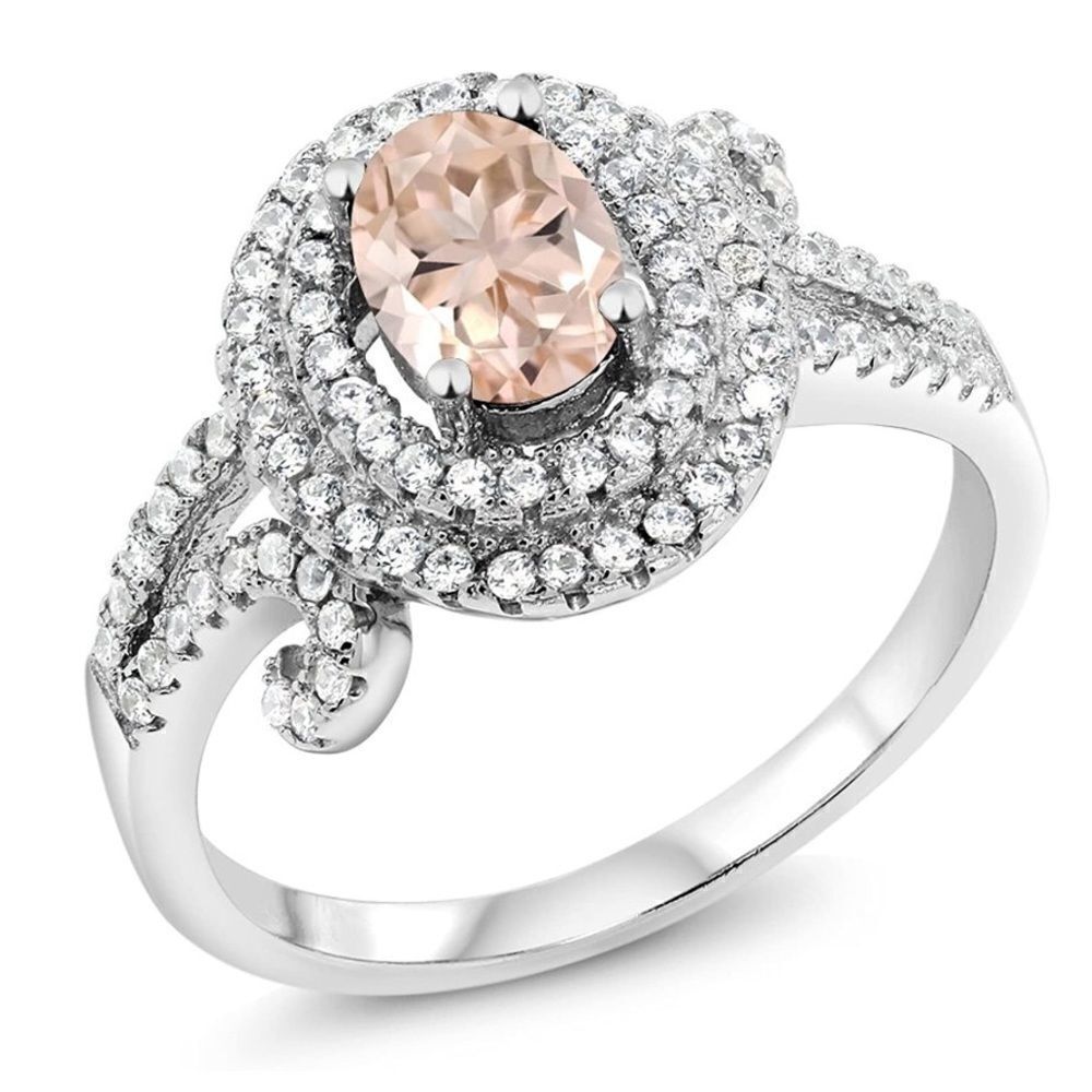.925 Sterling Silver with Peach Morganite and Diamond Cubic Zirconia Ring